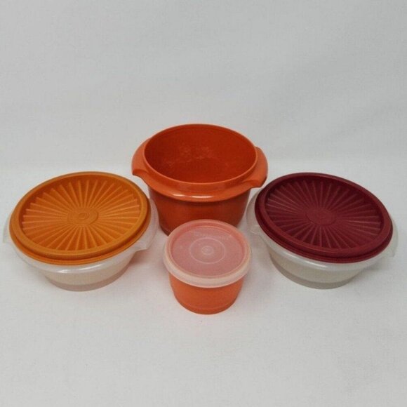 Tupperware Container Lot 4 Bowls 3 Lids Vintage USA Yellow, Orange, Red Fall - Picture 3 of 10